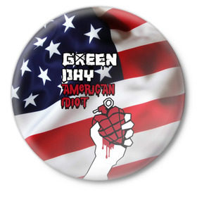 Значок с принтом Green Day American Idiot в Екатеринбурге,  металл | круглая форма, металлическая застежка в виде булавки | american idiot | green day | альтернативный | билли джо армстронг | грин дей | группа | зелёный день | майк дёрнт | музыка | панк | поп | поппанк | рок | сша | тре кул | флаг