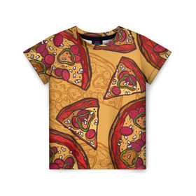 Детская футболка 3D с принтом Пицца в Екатеринбурге, 100% гипоаллергенный полиэфир | прямой крой, круглый вырез горловины, длина до линии бедер, чуть спущенное плечо, ткань немного тянется | pattern | pizza | еда | пицца | узор