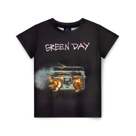 Детская футболка 3D с принтом Green Day магнитофон в огне в Екатеринбурге, 100% гипоаллергенный полиэфир | прямой крой, круглый вырез горловины, длина до линии бедер, чуть спущенное плечо, ткань немного тянется | american idiot | green day | альтернативный | билли джо армстронг | грин дей | группа | зелёный день | майк дёрнт | музыка | панк | поп | поппанк | рок | тре кул