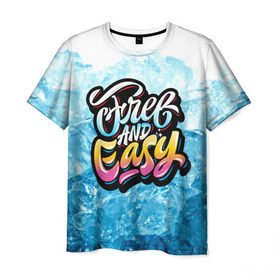 Мужская футболка 3D с принтом Free and Easy в Екатеринбурге, 100% полиэфир | прямой крой, круглый вырез горловины, длина до линии бедер | beach | miami | граффити | желтый | закат | краски | лед | майами | надписи | панама | пляж | розовый | солнце | фламинго | яркие