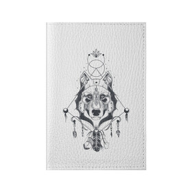 Обложка для паспорта матовая кожа с принтом Этно волк в Екатеринбурге, натуральная матовая кожа | размер 19,3 х 13,7 см; прозрачные пластиковые крепления | Тематика изображения на принте: амулет | волк | животное | перо | этнические