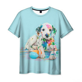 Мужская футболка 3D с принтом Юный художник в Екатеринбурге, 100% полиэфир | прямой крой, круглый вырез горловины, длина до линии бедер | animal | dog | дог | долматинец | друг | краски | собака | художник | щенок