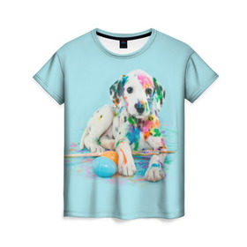 Женская футболка 3D с принтом Юный художник в Екатеринбурге, 100% полиэфир ( синтетическое хлопкоподобное полотно) | прямой крой, круглый вырез горловины, длина до линии бедер | animal | dog | дог | долматинец | друг | краски | собака | художник | щенок