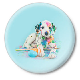 Значок с принтом Юный художник в Екатеринбурге,  металл | круглая форма, металлическая застежка в виде булавки | animal | dog | дог | долматинец | друг | краски | собака | художник | щенок