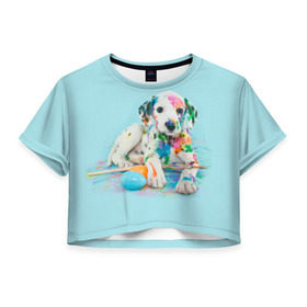 Женская футболка 3D укороченная с принтом Юный художник в Екатеринбурге, 100% полиэстер | круглая горловина, длина футболки до линии талии, рукава с отворотами | animal | dog | дог | долматинец | друг | краски | собака | художник | щенок