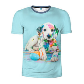 Мужская футболка 3D спортивная с принтом Юный художник в Екатеринбурге, 100% полиэстер с улучшенными характеристиками | приталенный силуэт, круглая горловина, широкие плечи, сужается к линии бедра | animal | dog | дог | долматинец | друг | краски | собака | художник | щенок