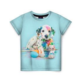 Детская футболка 3D с принтом Юный художник в Екатеринбурге, 100% гипоаллергенный полиэфир | прямой крой, круглый вырез горловины, длина до линии бедер, чуть спущенное плечо, ткань немного тянется | animal | dog | дог | долматинец | друг | краски | собака | художник | щенок
