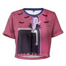 Женская футболка 3D укороченная с принтом Дракула в Екатеринбурге, 100% полиэстер | круглая горловина, длина футболки до линии талии, рукава с отворотами | dracula | halloween | helloween | вампир | день всех святых | детям | для детей | хеллоуин | хеловин | хэллоуин