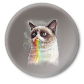 Значок с принтом Grumpy Cat в Екатеринбурге,  металл | круглая форма, металлическая застежка в виде булавки | Тематика изображения на принте: animal | cat | grumpy cat | животное | кот | котенок | кошка | радуга