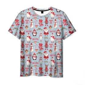 Мужская футболка 3D с принтом Рождественская Милота в Екатеринбурге, 100% полиэфир | прямой крой, круглый вырез горловины, длина до линии бедер | Тематика изображения на принте: дед мороз | заяц | колокольчик | лиса | лисичка | медведь | олень | омела | пингвин | санта клаус
