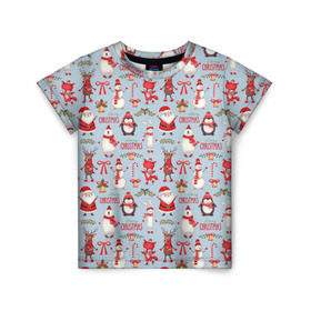 Детская футболка 3D с принтом Рождественская Милота в Екатеринбурге, 100% гипоаллергенный полиэфир | прямой крой, круглый вырез горловины, длина до линии бедер, чуть спущенное плечо, ткань немного тянется | дед мороз | заяц | колокольчик | лиса | лисичка | медведь | олень | омела | пингвин | санта клаус