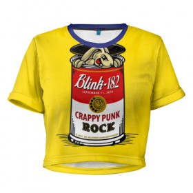 Женская футболка 3D укороченная с принтом Crappy punk rock в Екатеринбурге, 100% полиэстер | круглая горловина, длина футболки до линии талии, рукава с отворотами | blink | альтернативный | банка | блинк | группа | заяц | марк хоппус | музыка | мэтт скиба | надпись | панк | панк рок | песни | поп | рок | скейт | смайл | смайлик | трэвис баркер