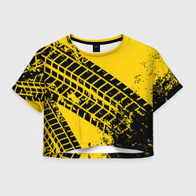 Женская футболка 3D укороченная с принтом Следы покрышек в Екатеринбурге, 100% полиэстер | круглая горловина, длина футболки до линии талии, рукава с отворотами | колесо | отпечаток | покрышка | протектор | след | шина