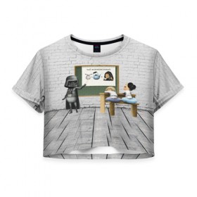 Женская футболка 3D укороченная с принтом Вейдер-учитель в Екатеринбурге, 100% полиэстер | круглая горловина, длина футболки до линии талии, рукава с отворотами | 