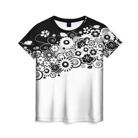 Женская футболка 3D с принтом Черно-белые цветы в Екатеринбурге, 100% полиэфир ( синтетическое хлопкоподобное полотно) | прямой крой, круглый вырез горловины, длина до линии бедер | blossom | flower | garden stuff | green stuff | бабочки | узор | цветочный орнамент | цветы | цеточный узор