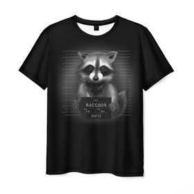 Мужская футболка 3D с принтом Енот Преступник в Екатеринбурге, 100% полиэфир | прямой крой, круглый вырез горловины, длина до линии бедер | raccoon | виновен | полоскун | стражи