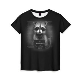 Женская футболка 3D с принтом Енот Преступник в Екатеринбурге, 100% полиэфир ( синтетическое хлопкоподобное полотно) | прямой крой, круглый вырез горловины, длина до линии бедер | raccoon | виновен | полоскун | стражи