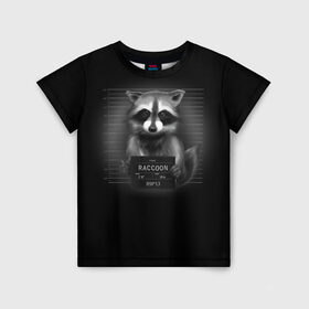 Детская футболка 3D с принтом Енот Преступник в Екатеринбурге, 100% гипоаллергенный полиэфир | прямой крой, круглый вырез горловины, длина до линии бедер, чуть спущенное плечо, ткань немного тянется | Тематика изображения на принте: raccoon | виновен | полоскун | стражи