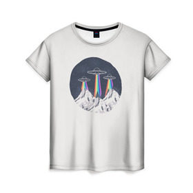 Женская футболка 3D с принтом НЛО в Горах в Екатеринбурге, 100% полиэфир ( синтетическое хлопкоподобное полотно) | прямой крой, круглый вырез горловины, длина до линии бедер | горы | елки | звезды | земля | инопланетяне | небо | ночь | радуга | снег | тарелка | эверест | эльбрус