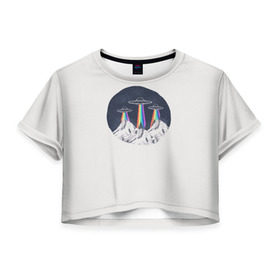 Женская футболка 3D укороченная с принтом НЛО в Горах в Екатеринбурге, 100% полиэстер | круглая горловина, длина футболки до линии талии, рукава с отворотами | горы | елки | звезды | земля | инопланетяне | небо | ночь | радуга | снег | тарелка | эверест | эльбрус