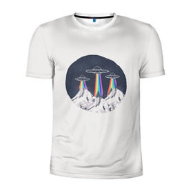 Мужская футболка 3D спортивная с принтом НЛО в Горах в Екатеринбурге, 100% полиэстер с улучшенными характеристиками | приталенный силуэт, круглая горловина, широкие плечи, сужается к линии бедра | Тематика изображения на принте: горы | елки | звезды | земля | инопланетяне | небо | ночь | радуга | снег | тарелка | эверест | эльбрус