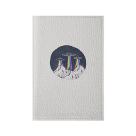 Обложка для паспорта матовая кожа с принтом НЛО в Горах в Екатеринбурге, натуральная матовая кожа | размер 19,3 х 13,7 см; прозрачные пластиковые крепления | горы | елки | звезды | земля | инопланетяне | небо | ночь | радуга | снег | тарелка | эверест | эльбрус