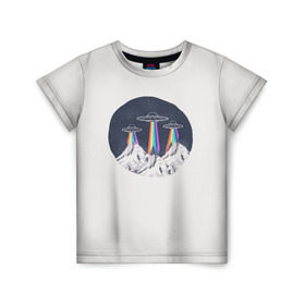 Детская футболка 3D с принтом НЛО в Горах в Екатеринбурге, 100% гипоаллергенный полиэфир | прямой крой, круглый вырез горловины, длина до линии бедер, чуть спущенное плечо, ткань немного тянется | горы | елки | звезды | земля | инопланетяне | небо | ночь | радуга | снег | тарелка | эверест | эльбрус