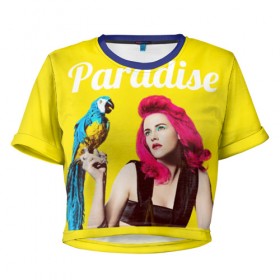 Женская футболка 3D укороченная с принтом Paradise в Екатеринбурге, 100% полиэстер | круглая горловина, длина футболки до линии талии, рукава с отворотами | Тематика изображения на принте: лето | малиновое вино | попугай | прическа | рай | эмоции