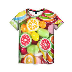 Женская футболка 3D с принтом Candy в Екатеринбурге, 100% полиэфир ( синтетическое хлопкоподобное полотно) | прямой крой, круглый вырез горловины, длина до линии бедер | candy | colorful | lollipop | sweet | конфеты | леденцы | сладости