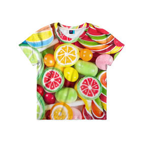 Детская футболка 3D с принтом Candy в Екатеринбурге, 100% гипоаллергенный полиэфир | прямой крой, круглый вырез горловины, длина до линии бедер, чуть спущенное плечо, ткань немного тянется | candy | colorful | lollipop | sweet | конфеты | леденцы | сладости