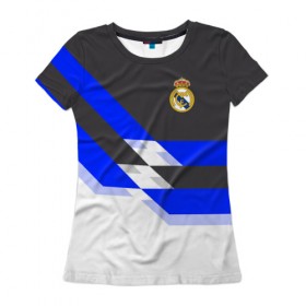 Женская футболка 3D с принтом Real Madrid 2018 в Екатеринбурге, 100% полиэфир ( синтетическое хлопкоподобное полотно) | прямой крой, круглый вырез горловины, длина до линии бедер | реал мадрид | эмблема