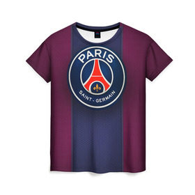 Женская футболка 3D с принтом Paris Saint-Germain в Екатеринбурге, 100% полиэфир ( синтетическое хлопкоподобное полотно) | прямой крой, круглый вырез горловины, длина до линии бедер | psg | париж | псж | форма | футбол