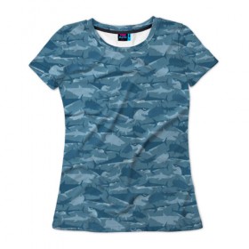 Женская футболка 3D с принтом Акулы в Екатеринбурге, 100% полиэфир ( синтетическое хлопкоподобное полотно) | прямой крой, круглый вырез горловины, длина до линии бедер | shark | акула | акулы | вода | море | океан | рыба | хищник