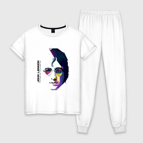 Женская пижама хлопок с принтом Джон Ленон в Екатеринбурге, 100% хлопок | брюки и футболка прямого кроя, без карманов, на брюках мягкая резинка на поясе и по низу штанин | john lennon | the beatles | битлс | джон леннон