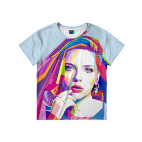 Детская футболка 3D с принтом Scarlett Johansson в Екатеринбурге, 100% гипоаллергенный полиэфир | прямой крой, круглый вырез горловины, длина до линии бедер, чуть спущенное плечо, ткань немного тянется | scarlett johansson | скарлет йохансон | скарлетт йоханссон