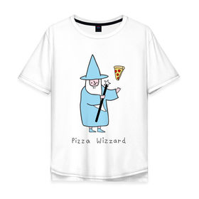 Мужская футболка хлопок Oversize с принтом Заклинатель пиццы в Екатеринбурге, 100% хлопок | свободный крой, круглый ворот, “спинка” длиннее передней части | Тематика изображения на принте: magic | pizza | wizzard | арт | волшебник | маг | магия | пицца