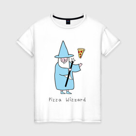 Женская футболка хлопок с принтом Заклинатель пиццы в Екатеринбурге, 100% хлопок | прямой крой, круглый вырез горловины, длина до линии бедер, слегка спущенное плечо | Тематика изображения на принте: magic | pizza | wizzard | арт | волшебник | маг | магия | пицца