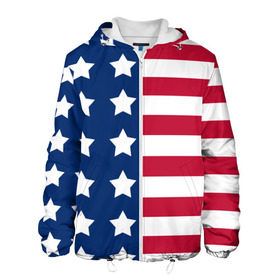 Мужская куртка 3D с принтом USA Flag в Екатеринбурге, ткань верха — 100% полиэстер, подклад — флис | прямой крой, подол и капюшон оформлены резинкой с фиксаторами, два кармана без застежек по бокам, один большой потайной карман на груди. Карман на груди застегивается на липучку | star | usa | америка | белый | звезды | красный | линии | полосы | популярные | синий | сша | триколор | туристические | флаг | цвет | штаты