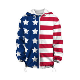 Детская куртка 3D с принтом USA Flag в Екатеринбурге, 100% полиэстер | застежка — молния, подол и капюшон оформлены резинкой с фиксаторами, по бокам — два кармана без застежек, один потайной карман на груди, плотность верхнего слоя — 90 г/м2; плотность флисового подклада — 260 г/м2 | Тематика изображения на принте: star | usa | америка | белый | звезды | красный | линии | полосы | популярные | синий | сша | триколор | туристические | флаг | цвет | штаты