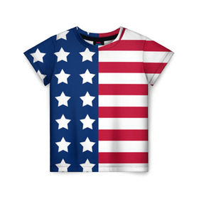 Детская футболка 3D с принтом USA Flag в Екатеринбурге, 100% гипоаллергенный полиэфир | прямой крой, круглый вырез горловины, длина до линии бедер, чуть спущенное плечо, ткань немного тянется | Тематика изображения на принте: star | usa | америка | белый | звезды | красный | линии | полосы | популярные | синий | сша | триколор | туристические | флаг | цвет | штаты