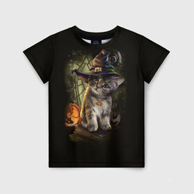 Детская футболка 3D с принтом Ведьмин котенок в Екатеринбурге, 100% гипоаллергенный полиэфир | прямой крой, круглый вырез горловины, длина до линии бедер, чуть спущенное плечо, ткань немного тянется | jack | ведьма | кот | котенок | кошка | тыква | хэллоуин
