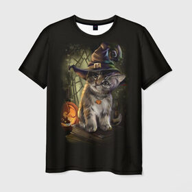 Мужская футболка 3D с принтом Ведьмин котенок в Екатеринбурге, 100% полиэфир | прямой крой, круглый вырез горловины, длина до линии бедер | Тематика изображения на принте: jack | ведьма | кот | котенок | кошка | тыква | хэллоуин