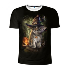 Мужская футболка 3D спортивная с принтом Ведьмин котенок в Екатеринбурге, 100% полиэстер с улучшенными характеристиками | приталенный силуэт, круглая горловина, широкие плечи, сужается к линии бедра | Тематика изображения на принте: jack | ведьма | кот | котенок | кошка | тыква | хэллоуин