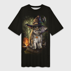 Платье-футболка 3D с принтом Ведьмин котенок в Екатеринбурге,  |  | jack | ведьма | кот | котенок | кошка | тыква | хэллоуин