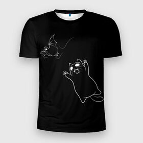 Мужская футболка 3D спортивная с принтом Cat Monster в Екатеринбурге, 100% полиэстер с улучшенными характеристиками | приталенный силуэт, круглая горловина, широкие плечи, сужается к линии бедра | cat | halloween | арт | животные | кот | котик | кошки | монстр | мышь | праздник | хэллоуин | черно белый