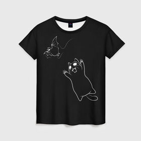 Женская футболка 3D с принтом Cat Monster в Екатеринбурге, 100% полиэфир ( синтетическое хлопкоподобное полотно) | прямой крой, круглый вырез горловины, длина до линии бедер | cat | halloween | арт | животные | кот | котик | кошки | монстр | мышь | праздник | хэллоуин | черно белый