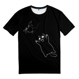 Мужская футболка 3D с принтом Cat Monster в Екатеринбурге, 100% полиэфир | прямой крой, круглый вырез горловины, длина до линии бедер | cat | halloween | арт | животные | кот | котик | кошки | монстр | мышь | праздник | хэллоуин | черно белый