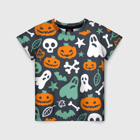 Детская футболка 3D с принтом Halloween в Екатеринбурге, 100% гипоаллергенный полиэфир | прямой крой, круглый вырез горловины, длина до линии бедер, чуть спущенное плечо, ткань немного тянется | звёзды | кости | летучие мыши | листья | привидения | тыквы