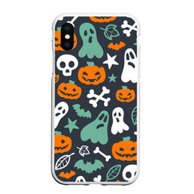 Чехол для iPhone XS Max матовый с принтом Halloween в Екатеринбурге, Силикон | Область печати: задняя сторона чехла, без боковых панелей | звёзды | кости | летучие мыши | листья | привидения | тыквы