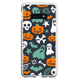 Чехол для Samsung S10E с принтом Halloween в Екатеринбурге, Силикон | Область печати: задняя сторона чехла, без боковых панелей | звёзды | кости | летучие мыши | листья | привидения | тыквы